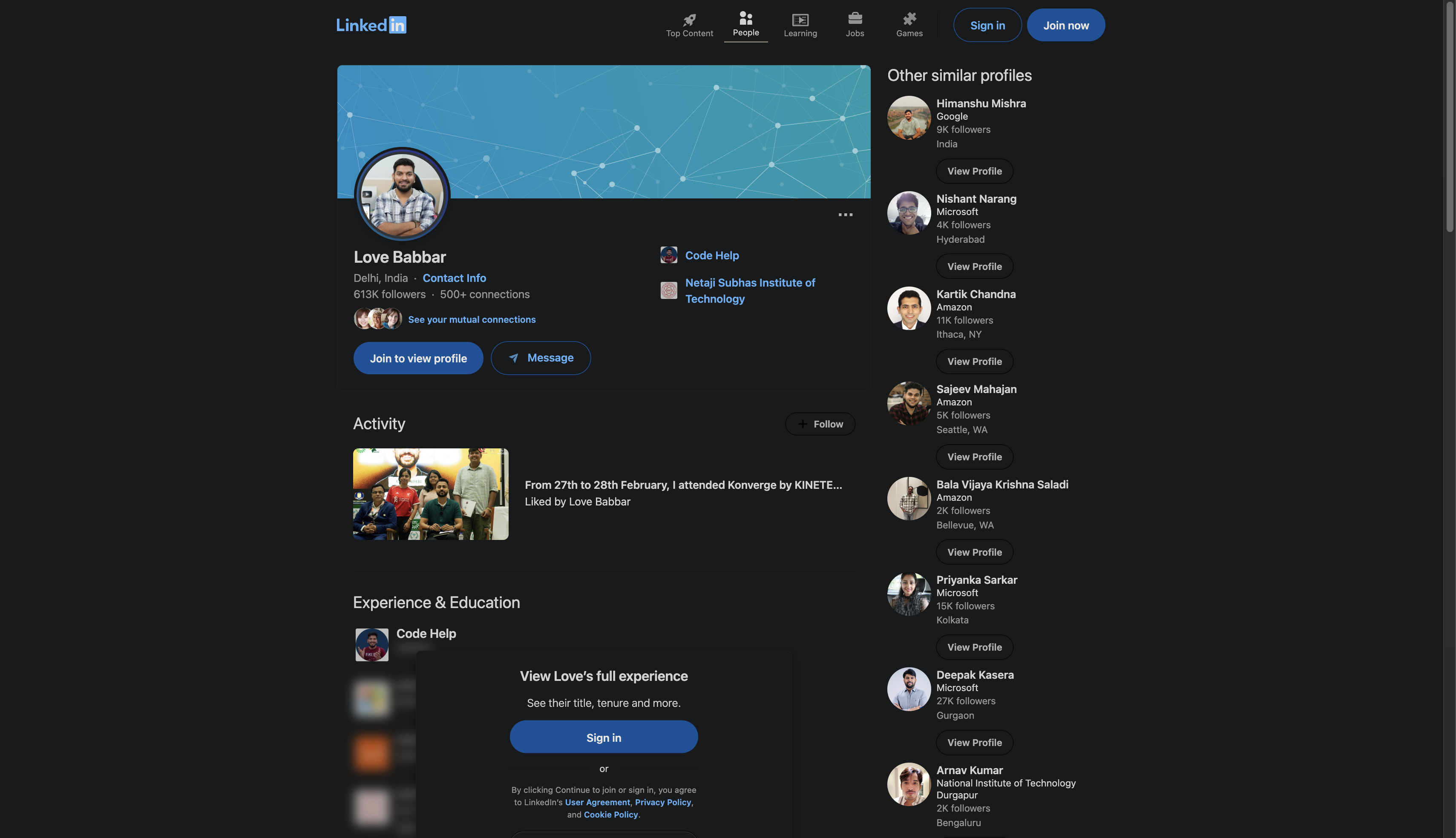 LinkedIn profile Projects section example with title, description and link